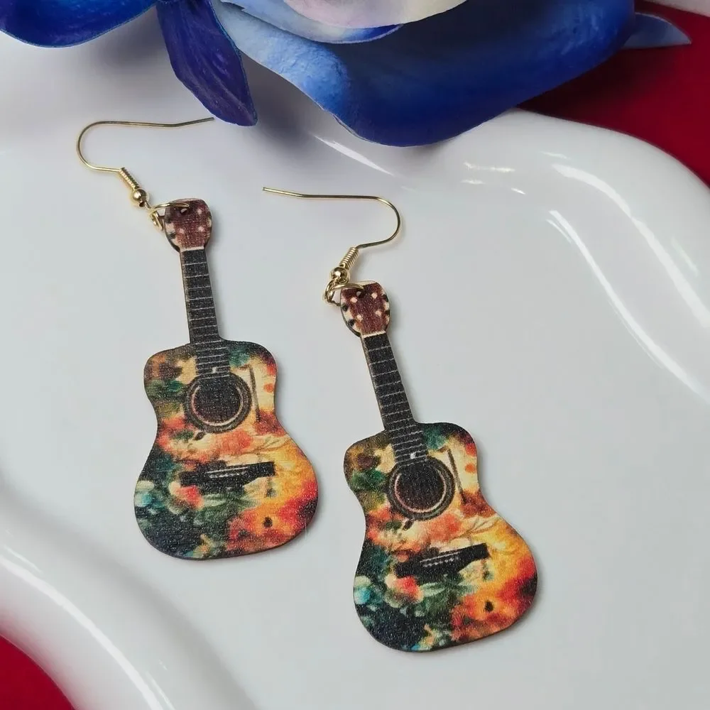 Rustic Floral Guitar Wood Dangle Earrings Boho Artist Statement Musician Gift